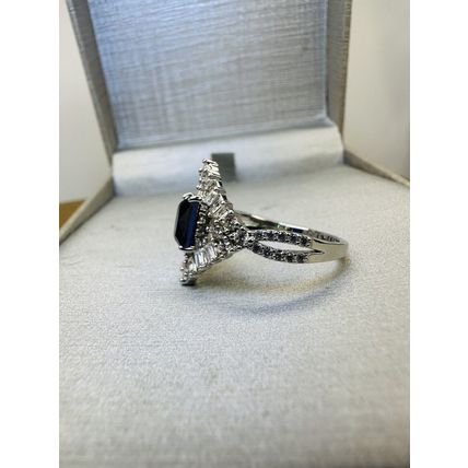 Ring Bomb Party Sz11 RBP Dark Blue Gem W/Colorless Gem Clusters & Rhodium P Band