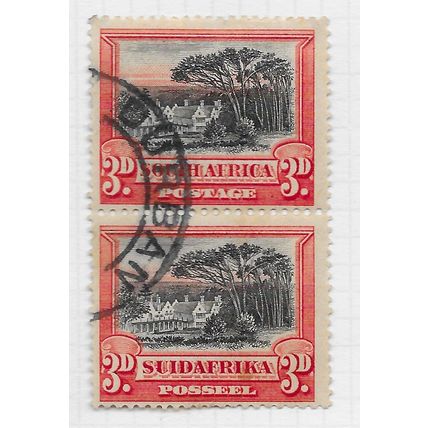 AFRICA SOUTH 1927 SG35 3d GROOT SCHAUR VERTICAL PAIR USED DURBAN PMK PERF 14
