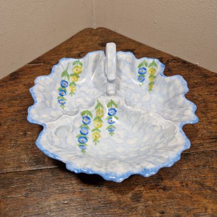 Vintage Blue Victoria Hand Painted Three Section Dish with Handle