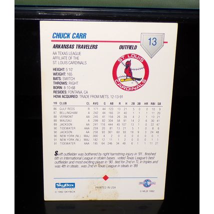 SKYBOX 1992 CHUCK CARR PRE-ROOKIE CARD @13