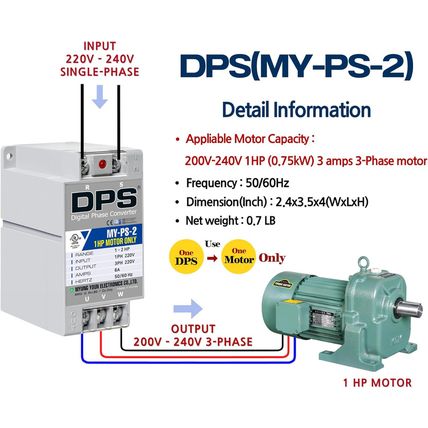 DPS 2HP My-Ps-2 Used for 1Hp(0.75Kw) 3A Motor, Single to 3 Phase Converter, 1 DP