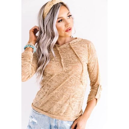 Khaki Solid Color Drawstring Hoodie with Kangaroo Pocket