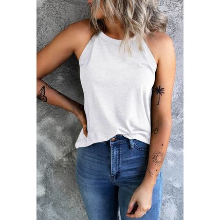 White Solid Color Crew Neck Tank Top