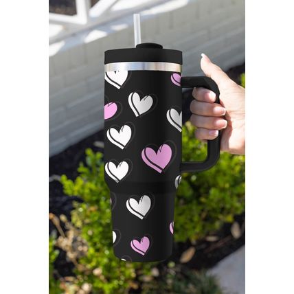 Black Valentines Heart Printed Thermos Cup with Handle