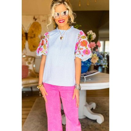 Light Blue Gingham Floral Embroidered Puff Sleeve Blouse
