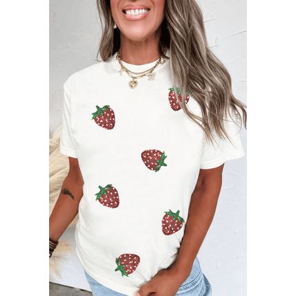 White Sequin Strawberry Patched Crew Neck T Shirt