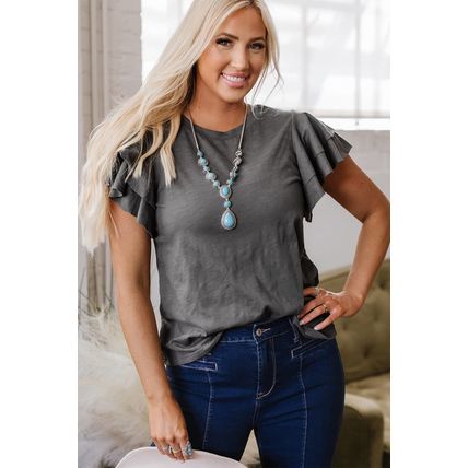 Dark Grey Layered Ruffle Short Sleeve Round Neck Top