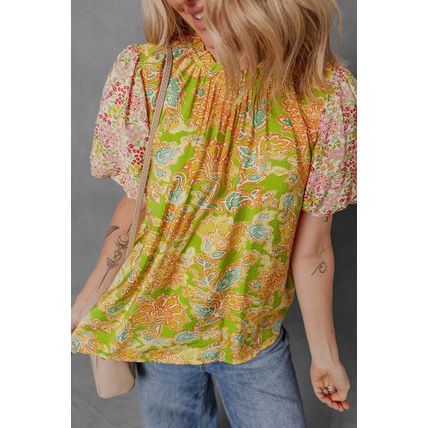 Multicolour Printed Contrast Bubble Sleeve Patchwork Blouse
