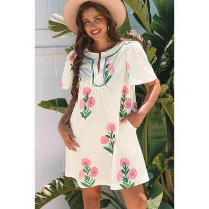 Apricot Floral Short Sleeve Split Neck Loose Mini Dress