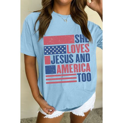 Light Blue SHE LOVES JESUS AND AMERICA TOO Flag Graphic T Shirt