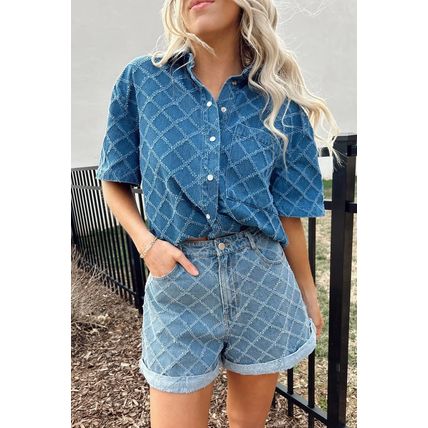 Dusk Blue Checkered Textured Short Sleeve Patched Pocket Denim Shirt