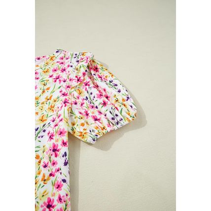 Pink Floral Puff Short Sleeve Crewneck Blouse