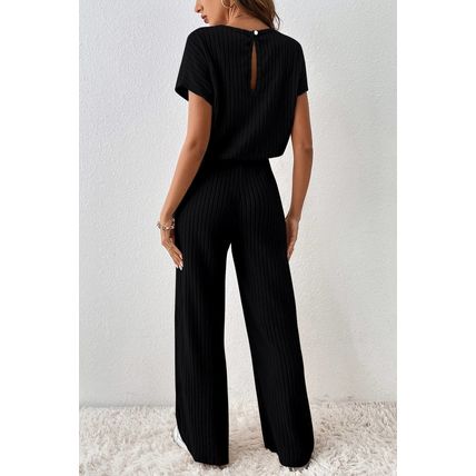 Black Ribbed Keyhole Short Sleeve Wide Leg Jumpsuit