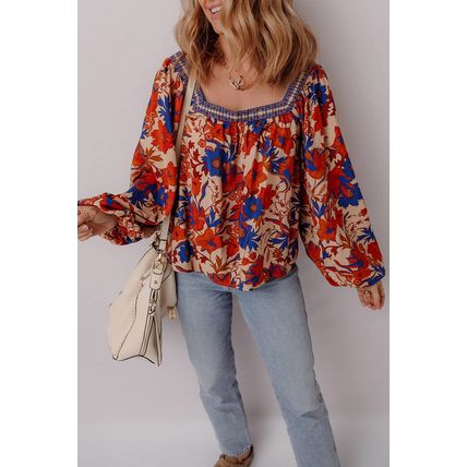 Multicolour Floral Print Square Neck Backless Loose Fit Blouse