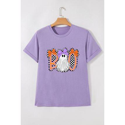 Wisteria Boo Checkered Bow Ghost Halloween Graphic Tee