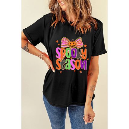 Black SPOOKY SEASON Halloween Pumpkin Bow Print T Shirt