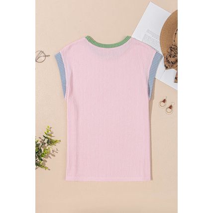 Pink Sequin GAME DAY Graphic Corded Rib Knit Colorblock T Shirt