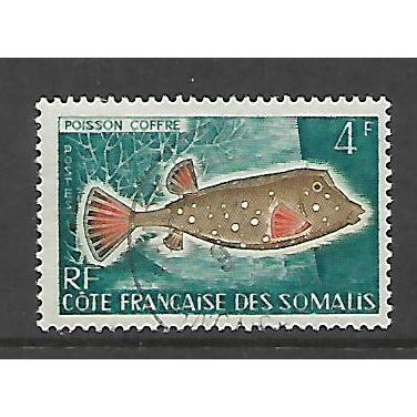 FRENCH SOMALI COAST 1958 ANIMALS FISHES BIRDS 4F BLUE SPOTTED BOXFISH SG 438 FU