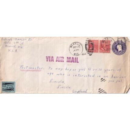 United States 1953 Merrill WIS-Lincoln UK Cover Merrill cancel written