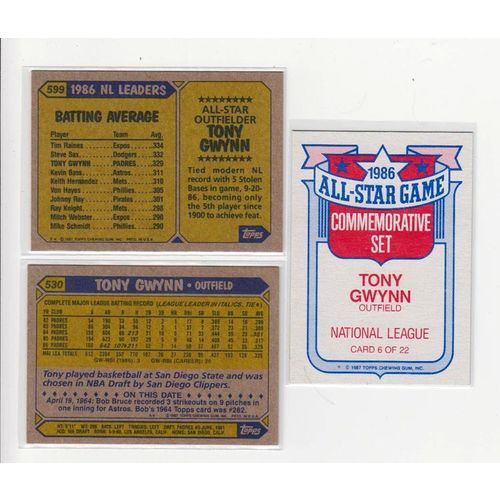 Three 1987 Topps Tony Gwynn cards 538, 599, All Star Game 6 - NM –Padres