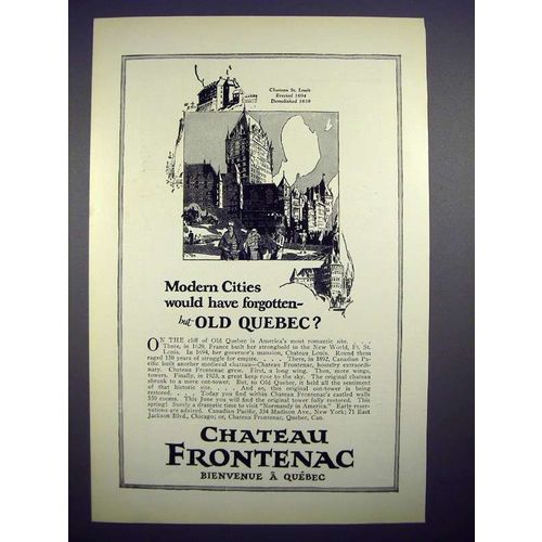 1926 Chateau Frontenac Hotel Ad - Old Quebec