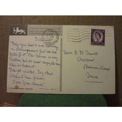 ST MICHAEL'S MOUNT, PENZANCE, CORNWALL used postcard by Jarrold 1965 pm '=