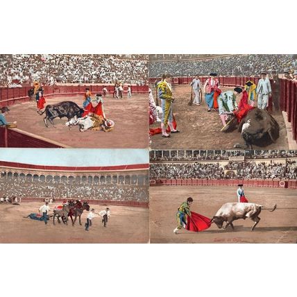 Bulls Matador Killed in Battle 4x Vintage Bullfighting Postcard s