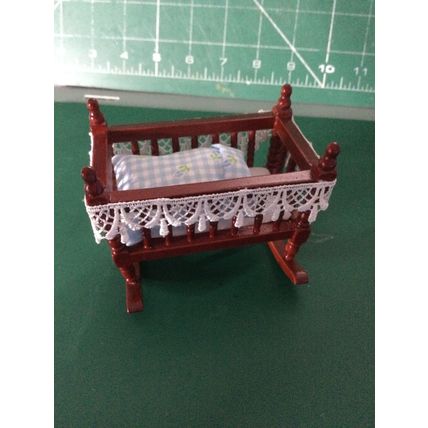 Mahogany Rocking Cradle Blue Check Bedding 1:12th Dolls House Miniatures