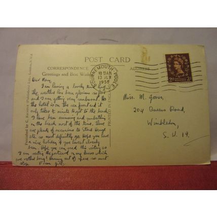 THE BEACH, SOUTHBOURNE, Dorset.. vintage used postcard by C. Richter 1955 pm =