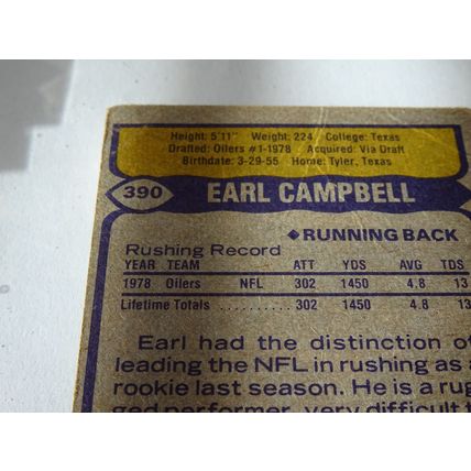 1979 Topps Football Card # 390 Earl Campbell Rookie Card Good (2) Houston Oilers