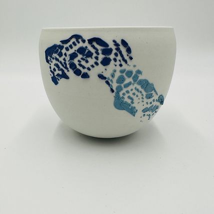 Danish Bowl Pottery Ceramic 1970s White Blue Collection Serveware