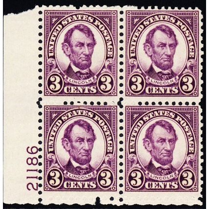 635, Mint NH 3¢ Lincoln Plate Block CV $35 ** Stuart Katz