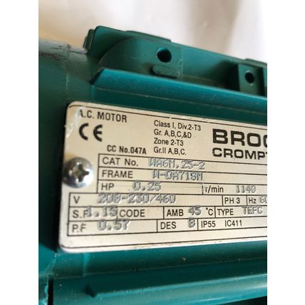 NEW BROOK CROMPTON WA6N.25-2,WA6M.25-2 INVERTER DUTY MOTOR. 0.25HP, 1140RPM,AA
