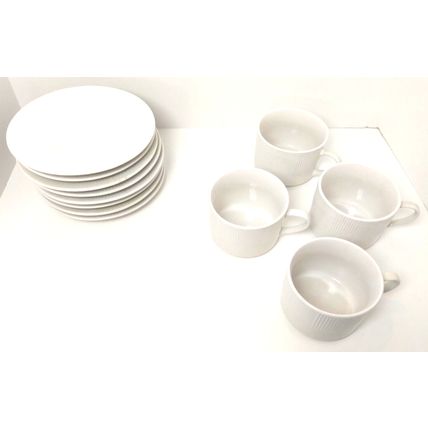 Linen N Things 4 Tea Cups 8 Saucers White Ribbed Rim Smooth No Trim 12 Pc Lot