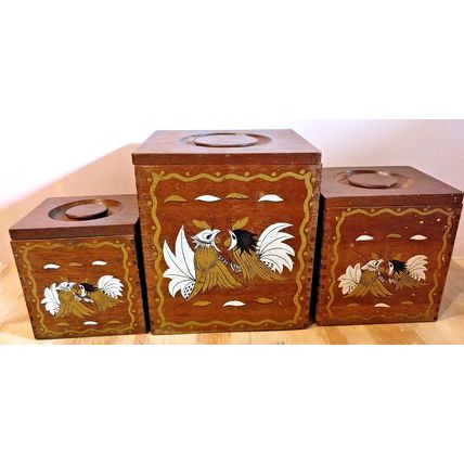 Vintage Japan Canister Box Wood Brown Lot Of 3 Square Imperial Fighting Roosters
