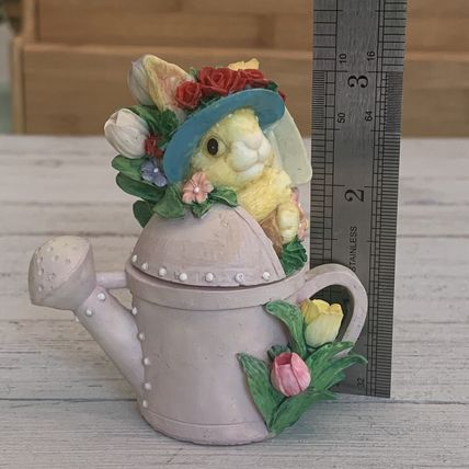 Vintage Bunny Rabbit Watering Can Lidded Trinket Box Tulips Roses Sun Bonnet Hat