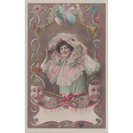 Lady Glamour Drama Mask Toy Puppet Glamour Secret Code Rare Old Postcard