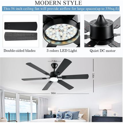 56Inch Black Ceiling Fans with Lights and Remote/App Control, Dimmable LED, Reve