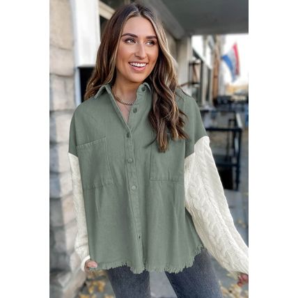 Green Cable Knit Sleeve Raw Hem Shacket