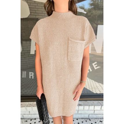 Oatmeal Patch Pocket Ribbed Knit Short Sleeve Sweater Dress