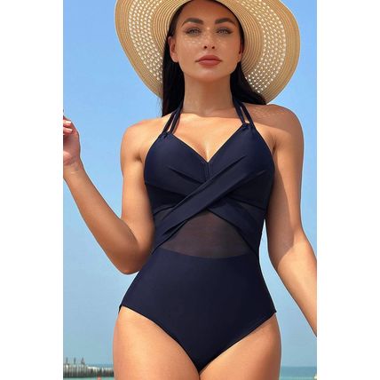 Navy Blue Halter Mesh Insert Cross Front One-Piece Swimsuit
