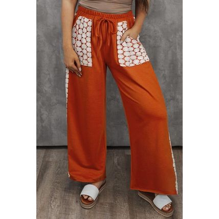 Gold Flame Plus Size Floral Crochet Patch Drawstring Wide Leg Pants