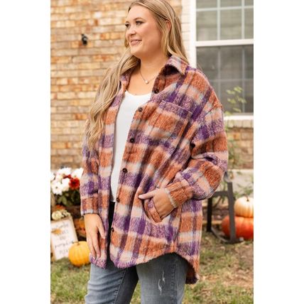 Multicolour Plus Size Plaid Print Collared Button up Jacket