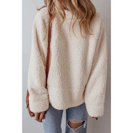 White Solid Fleece High Neck Drop Shoulder Pullover Sweatshirt