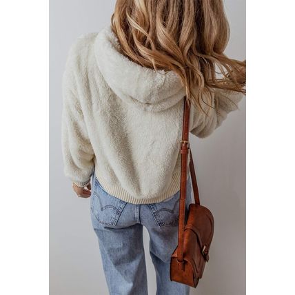 White Contrast Ribbed Edge Plush Hoodie