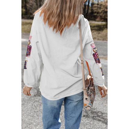 White Sequin Nutcracker Graphic Christmas Fashion Corded Sweatshirt