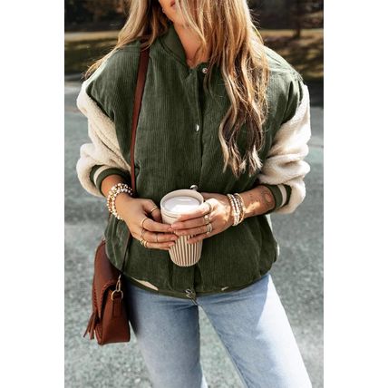 Mist Green Corduroy Fleece Patchwork Buttoned Bomber Jacket