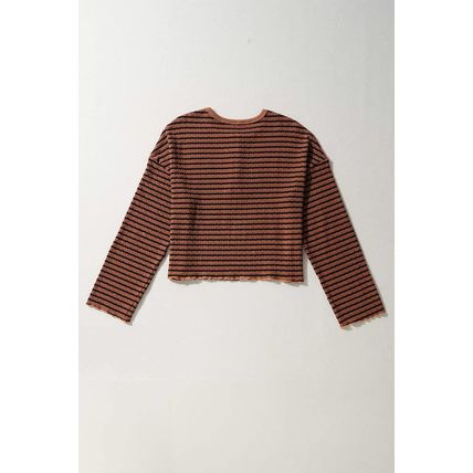 Brown Stripe Textured Frilly Trim Buttons Henley Long Sleeve Top