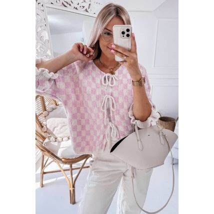 Light Pink Checkered Knitted Lace-up Ruffled 3/4 Sleeve Cardigan