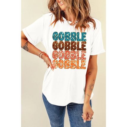 White Heat Transfer GOBBLE Graphic Crewneck Thanksgiving T Shirt